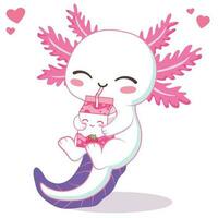 kawaii axolotl en buvant fraise Lait thé dessin animé vecteur illustration