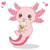 kawaii axolotl en buvant boba Lait thé dessin animé vecteur illustration