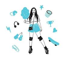 une fille sur rouleau patins avec coton bonbons dans sa mains. une ensemble de rue des sports éléments.vecteur illustration. vecteur