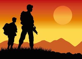 soldats militaires silhouettes figures dans la scène du coucher du soleil du camp vecteur