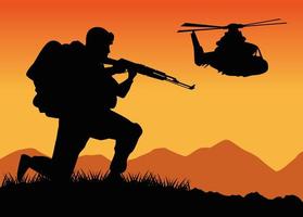 soldat militaire avec arme à feu et silhouette d'hélicoptère dans le camp