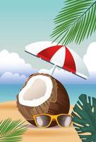 bonjour vacances d'été avec noix de coco et parapluie vecteur