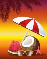 bonjour vacances d'été avec noix de coco et parapluie vecteur
