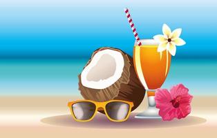 bonjour vacances d'été avec noix de coco et cocktail vecteur