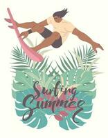 Jeune homme dans maillot de bain avec planche de surf sur coloré tropical feuilles été, modèle avec endroit pour bannière, texte. vecteur conception illustration.