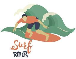Jeune homme dans maillots de bain surfant et gros vague dans mer ou océan. content surfeurs dans tenue de plage avec planches de surf isolé sur le mer vague Contexte. vecteur