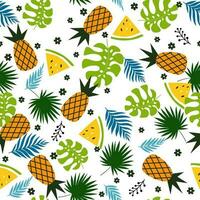 tropical sans couture vecteur modèle. pastèque, ananas, fleurs et feuilles