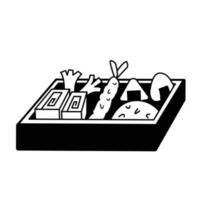noir et blanc Facile bento boîte à déjeuner vecteur icône silhouette isolé sur carré blanc Contexte. Facile plat minimaliste dessin animé art stylé nourriture dessin.