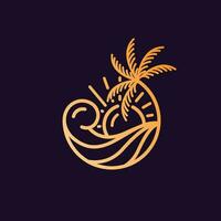 océan vague île tropicale et palmier logo dessin au trait illustration vectorielle vecteur