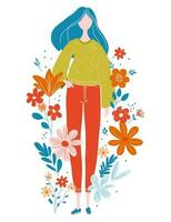 illustration de fille avec bleu cheveux dans décontractée vêtements dans chandail et jeans permanent entouré par fleurs. vecteur dans plat style personnage magnifique femme pour emballage impression ou carte postale