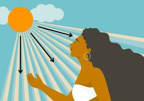 une bronzer femme avec bikini souriant en dessous de le ensoleillement pour avoir plus vitamine ré de le Soleil lumière, en bonne santé vivant concept. plat vecteur illustration.