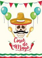 Célébration de la fête de cinco de mayo avec crâne et chapeau mexicain vecteur