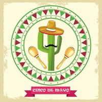 célébration de cinco de mayo avec cadre circulaire de cactus et de chapeau mexicain vecteur