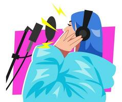 illustration de une professionnel femelle chanteur en utilisant écouteurs composition une Nouveau chanson avec une microphone tandis que enregistrement dans une la musique studio. coloré dessin animé plat vecteur illustration.