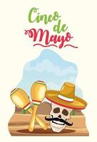 célébration de cinco de mayo avec scène de désert de crâne et de maracas vecteur