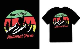 randonnée T-shirt conception. sauvage, montagne, promeneur, et aventure silhouettes vecteur illustration