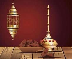 célébration du ramadan kareem avec calice doré et nourriture vecteur