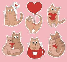 ensemble de autocollant pack avec chats la Saint-Valentin journée. couple de mignonne chat dans l'amour. chat avec cœur, chaton dans tasse, chats aimer, en volant chat sur ballon. vecteur illustration