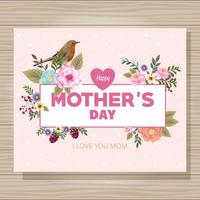 carte de fête des mères heureuse avec des fleurs et des oiseaux vecteur