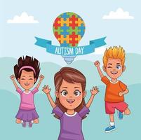 Journée mondiale de l'autisme enfants avec ampoule puzzle vecteur
