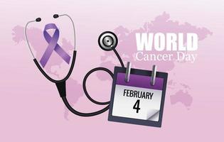 affiche de la journée mondiale du cancer avec calendrier et stéthoscope vecteur