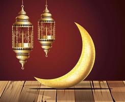 célébration du ramadan kareem avec des lanternes suspendues et la lune vecteur