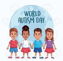 Journée mondiale de l'autisme enfants avec planète mondiale vecteur