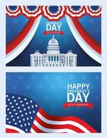 affiche de la fête des présidents heureux avec le bâtiment et le drapeau du capitole des états-unis vecteur