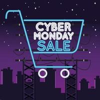 Cyber Monday vente néon avec panier sur la ville vecteur