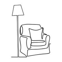 continu ligne dessin de fauteuil et lampe. un ligne de intérieur vivant pièce avec moderne meubles. Célibataire ligne meubles éléments. main dessiner contour de intérieur meubles. griffonnage vecteur