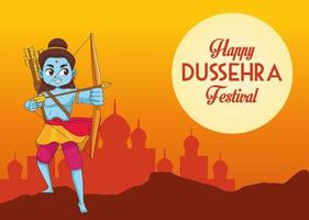 affiche du festival de dussehra heureux avec le personnage de rama bleu et la silhouette de la mosquée vecteur