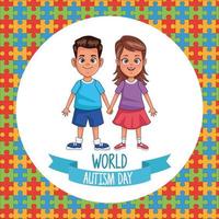 Journée mondiale de l'autisme couple d'enfants avec des pièces de puzzle vecteur