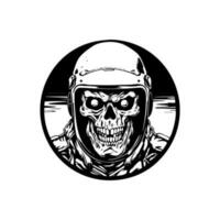 énervé et intense logo conception illustration de une crâne zombi portant une motard casque, combiner le éléments de horreur et moto culture vecteur