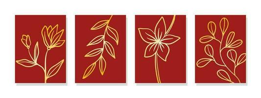 étourdissant minimaliste abstrait numérique mur art avec des illustrations de fleurs et feuilles avec une radiant d'or pente couleur. vecteur