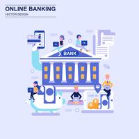 Services bancaires en ligne style concept bleu avec caractère décoré de petites personnes. vecteur