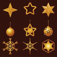 paquet de neuf étoiles et boules d'or joyeux noël mis icônes vecteur