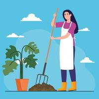 femme de jardinage avec râteau et plante à l'intérieur de la conception de vecteur de pot