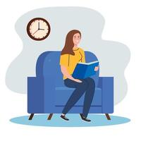 femme lisant un livre sur une chaise à la maison design vectoriel