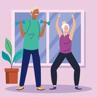 couple de personnes âgées pratiquant l'exercice à la maison vecteur
