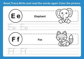 exercice d'alphabet ef avec vocabulaire de dessin animé pour vecteur d'illustration de livre de coloriage