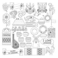 ensemble de éléments, Dumplings, coquelicot, moulin, Bortsch, blé, maison. ukrainien symboles. ligne art. vecteur