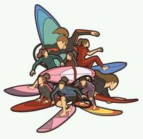 groupe de dessin animé de joueuse de sport de surf vecteur