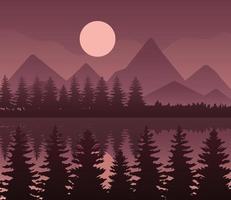 paysage de montagnes, lac, pins et lune sur fond marron design vectoriel