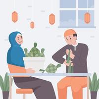 concept eid ketupat avec couple faisant ketupat vecteur