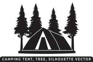 camping tente silhouette vecteur, tente et arbre vecteur, site de camp silhouette, Extérieur aventure vecteur, camping tente icône, forêt silhouette vecteur, nuit camping scène, nuit camping silhouette. vecteur