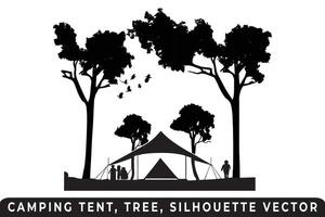 camping tente silhouette vecteur, tente et arbre vecteur, site de camp silhouette, Extérieur aventure vecteur, camping tente icône, forêt silhouette vecteur, nuit camping scène, nuit camping silhouette. vecteur