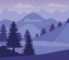 paysage violet avec des silhouettes, des montagnes et des pins vecteur