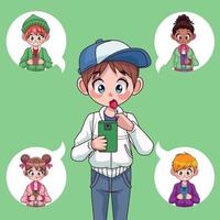 jeunes adolescents interracial enfants utilisant des smartphones personnages d'anime vecteur