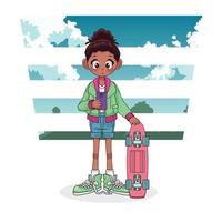 Jeune fille adolescente afro avec personnage d'anime de planche à roulettes vecteur