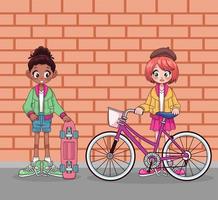 jeunes filles adolescentes interraciales avec des personnages de vélo et de planche à roulettes vecteur